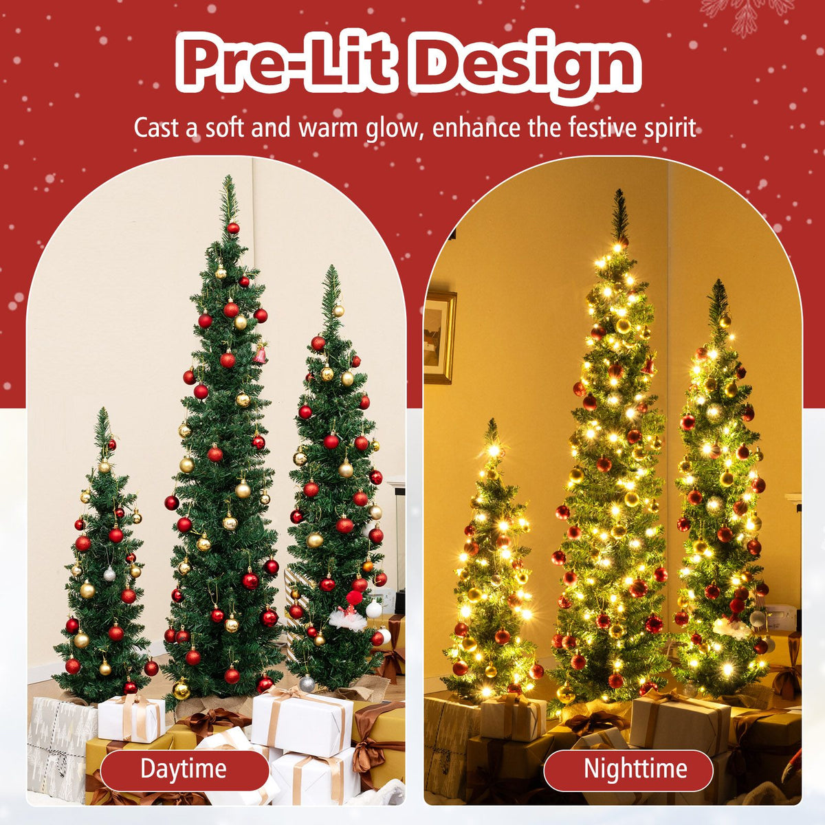 Set of 3 Pre-lit Artificial Christmas Trees 90/120/150cm Potted Pencil Xmas Trees with 415 Branch Tips