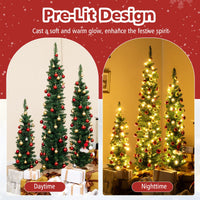 Set of 3 Pre-lit Artificial Christmas Trees 90/120/150cm Potted Pencil Xmas Trees with 415 Branch Tips