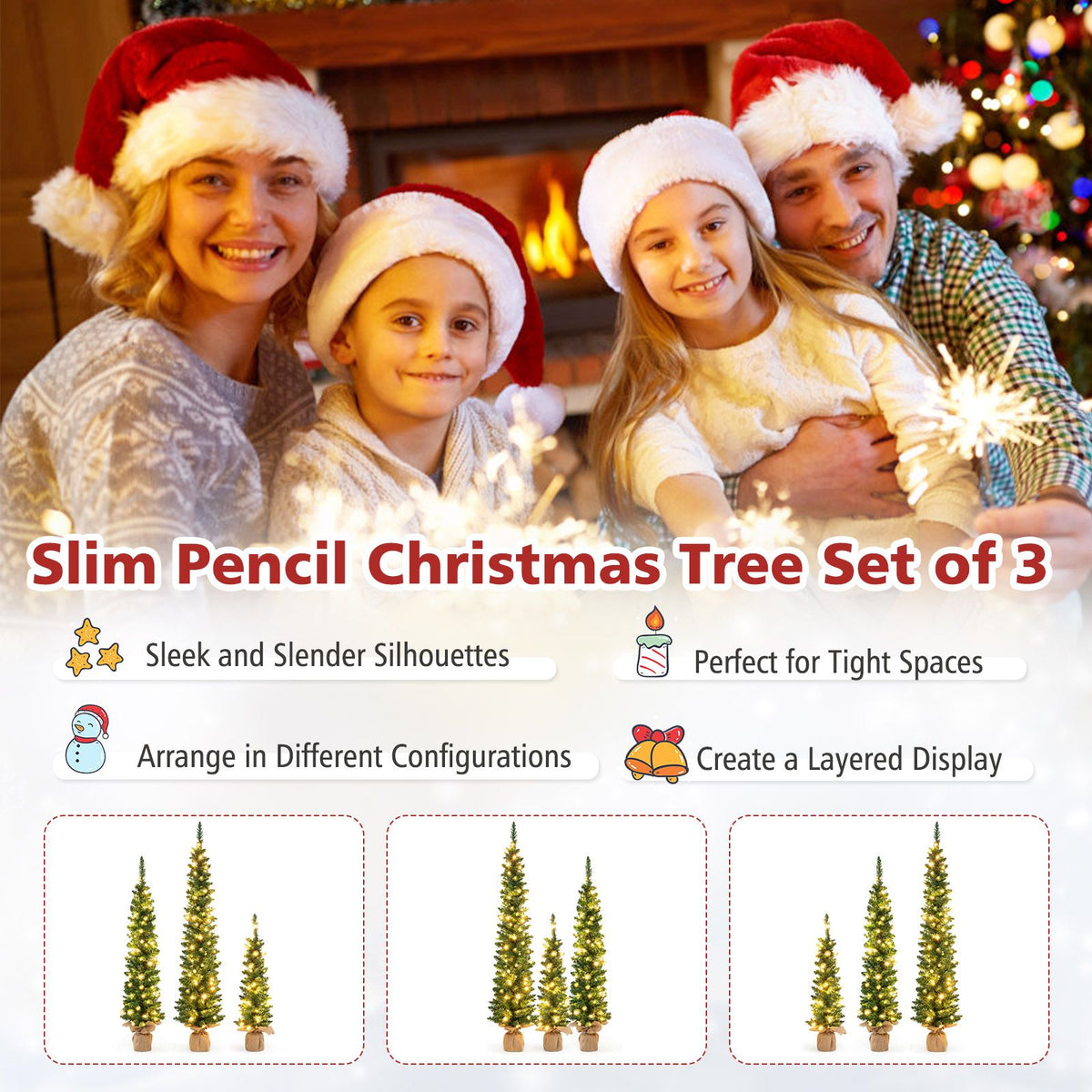 Set of 3 Pre-lit Artificial Christmas Trees 90/120/150cm Potted Pencil Xmas Trees with 415 Branch Tips