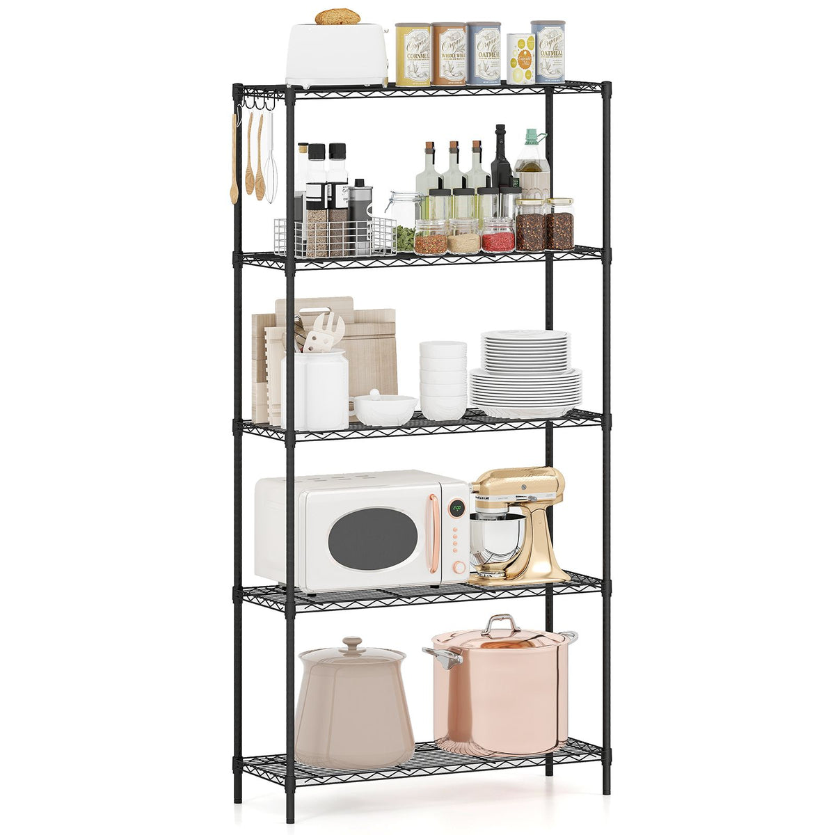 4/5-Tier Wire Shelving Unit with 4 Hooks and 452/565 kg Load Capacity