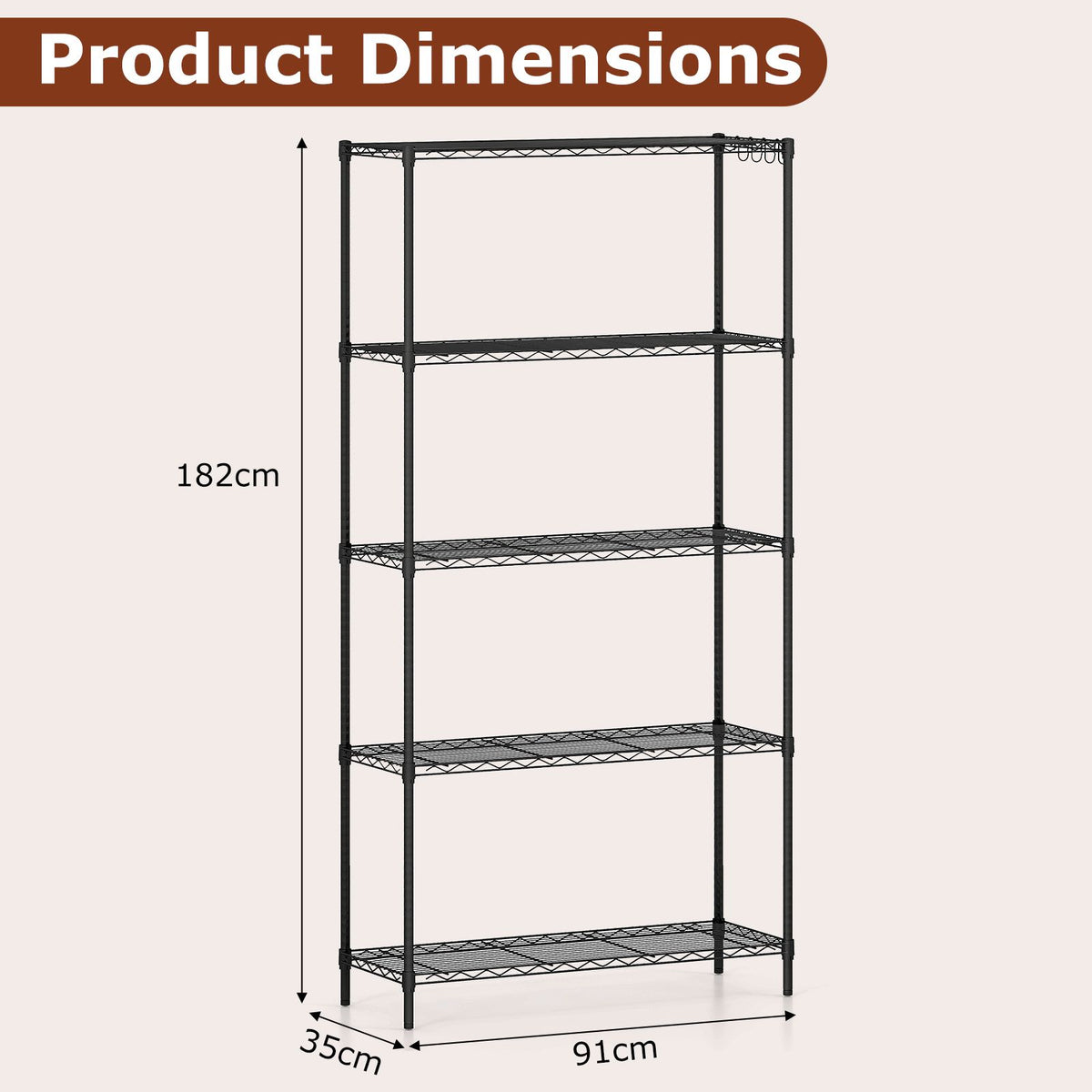 4/5-Tier Wire Shelving Unit with 4 Hooks and 452/565 kg Load Capacity