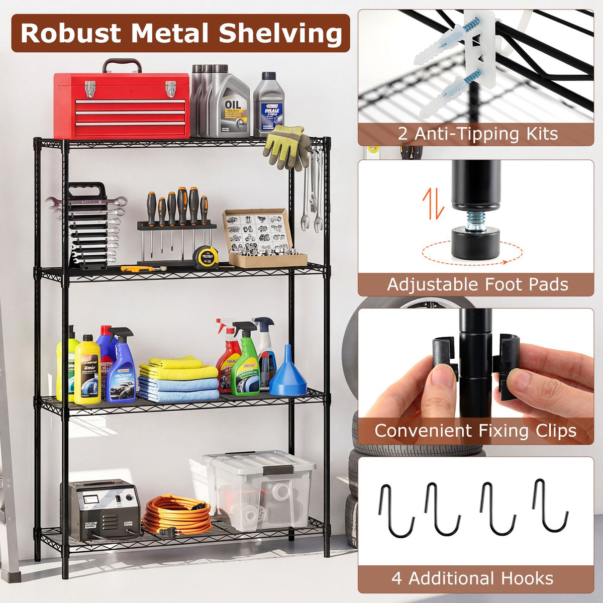 4/5-Tier Wire Shelving Unit with 4 Hooks and 452/565 kg Load Capacity