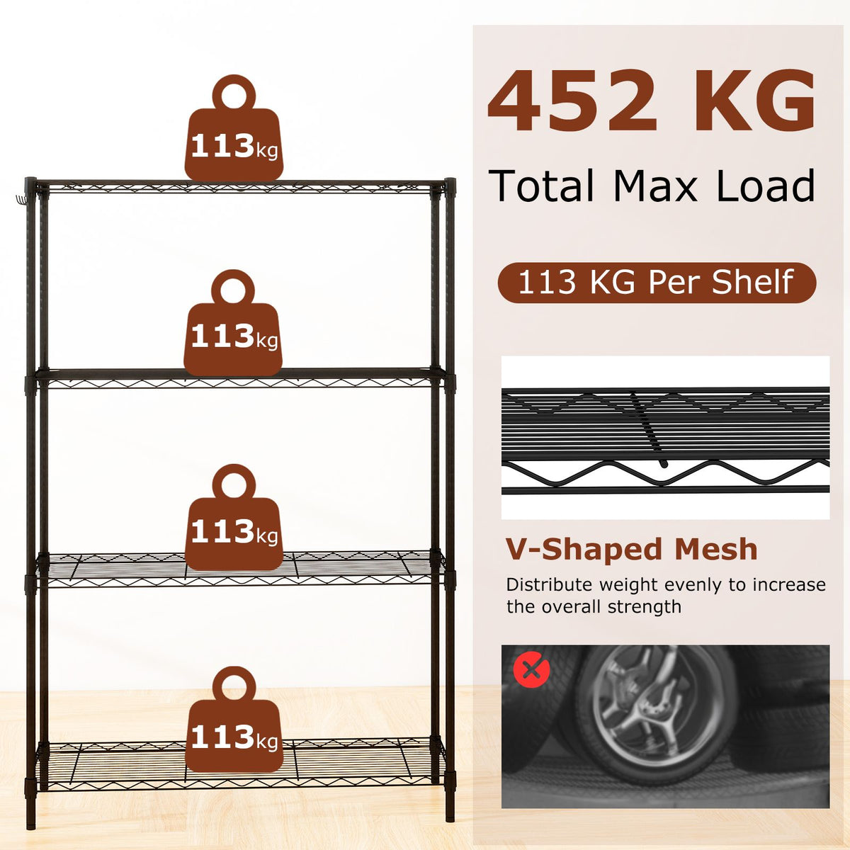4/5-Tier Wire Shelving Unit with 4 Hooks and 452/565 kg Load Capacity