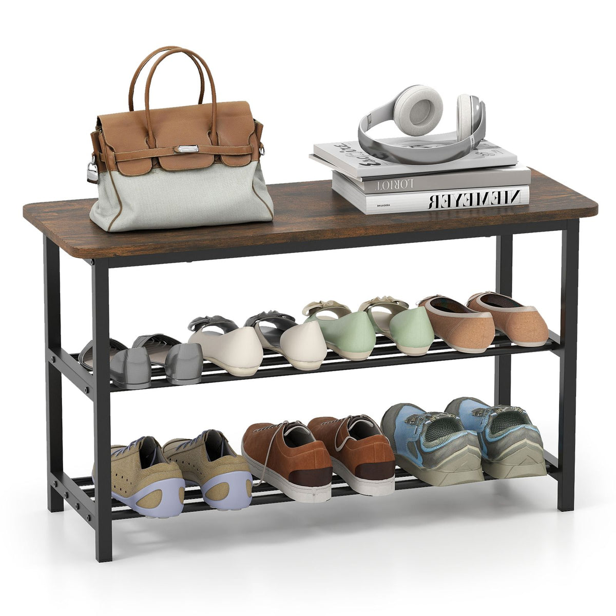 80 cm Shoe Storage Bench with Metal Slat Shelves and Long Wooden Seat