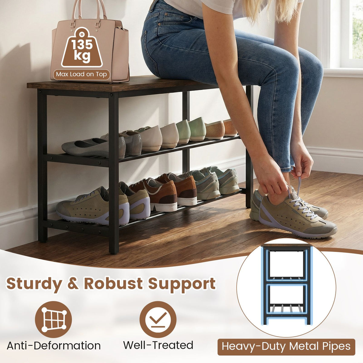 80 cm Shoe Storage Bench with Metal Slat Shelves and Long Wooden Seat