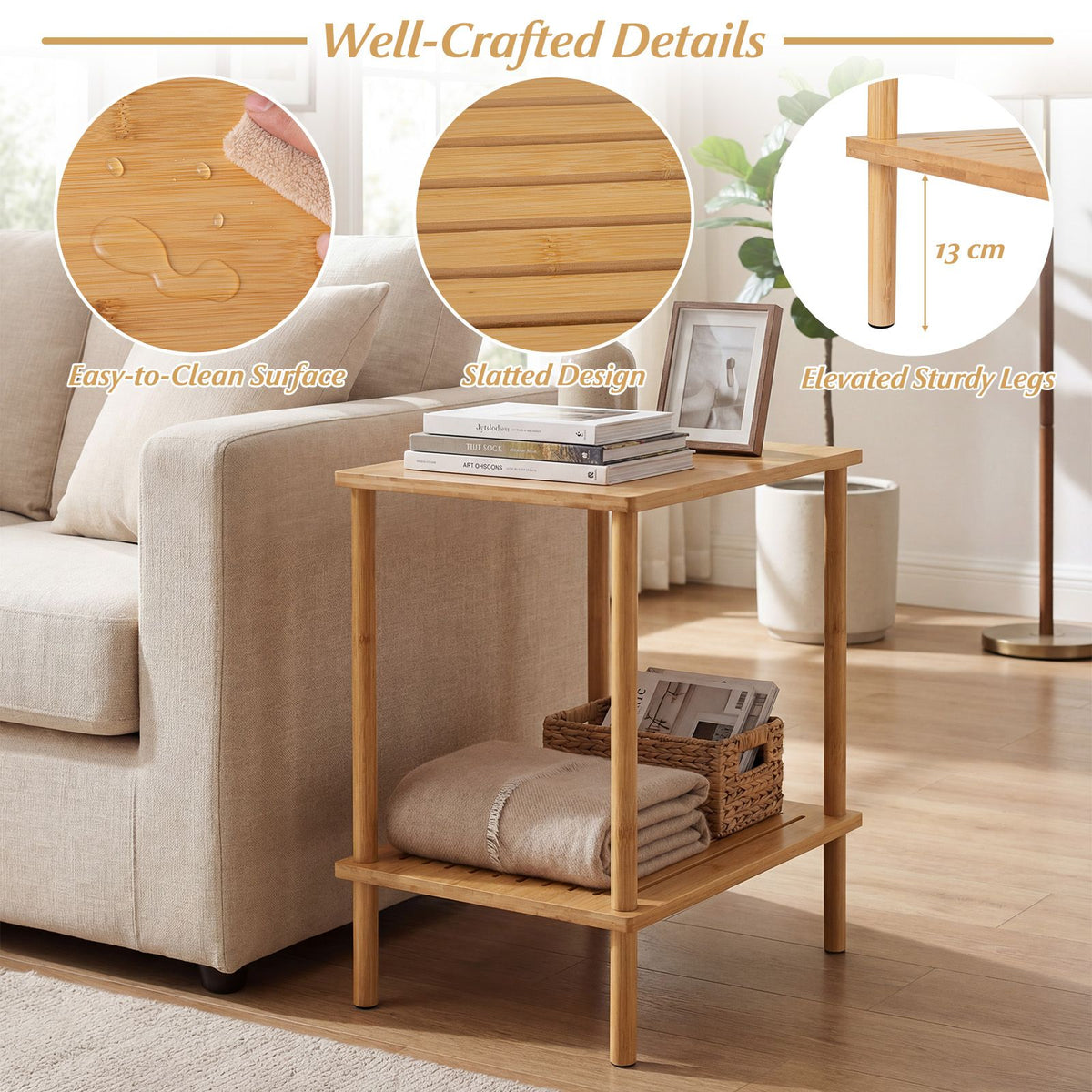 Side Table Set of 2 with Storage Shelves for Living Room and Reception Room