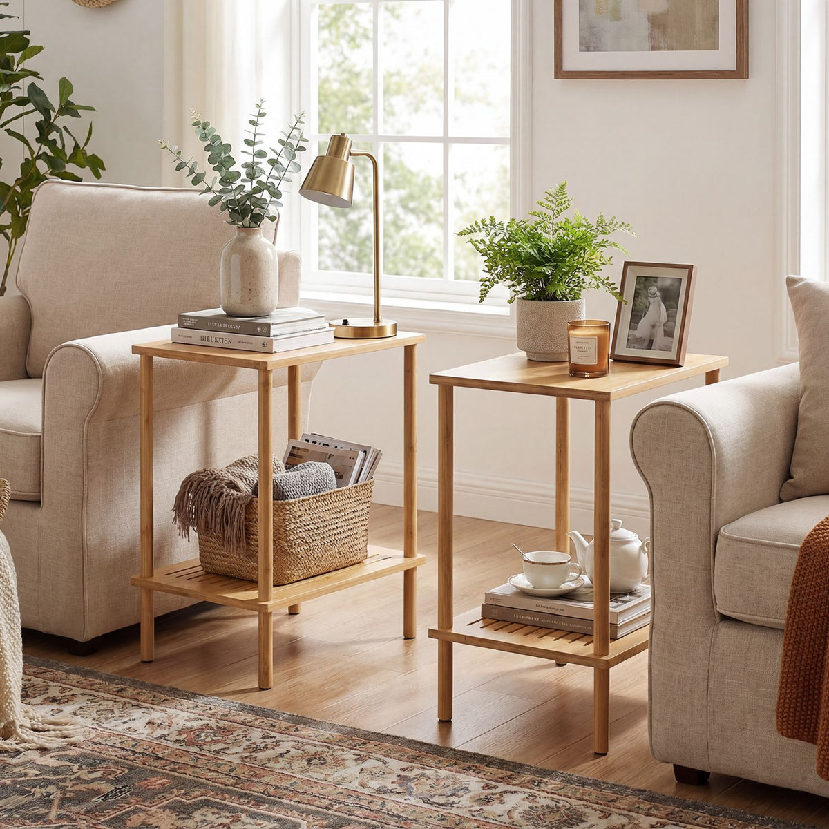Side Table Set of 2 with Storage Shelves for Living Room and Reception Room