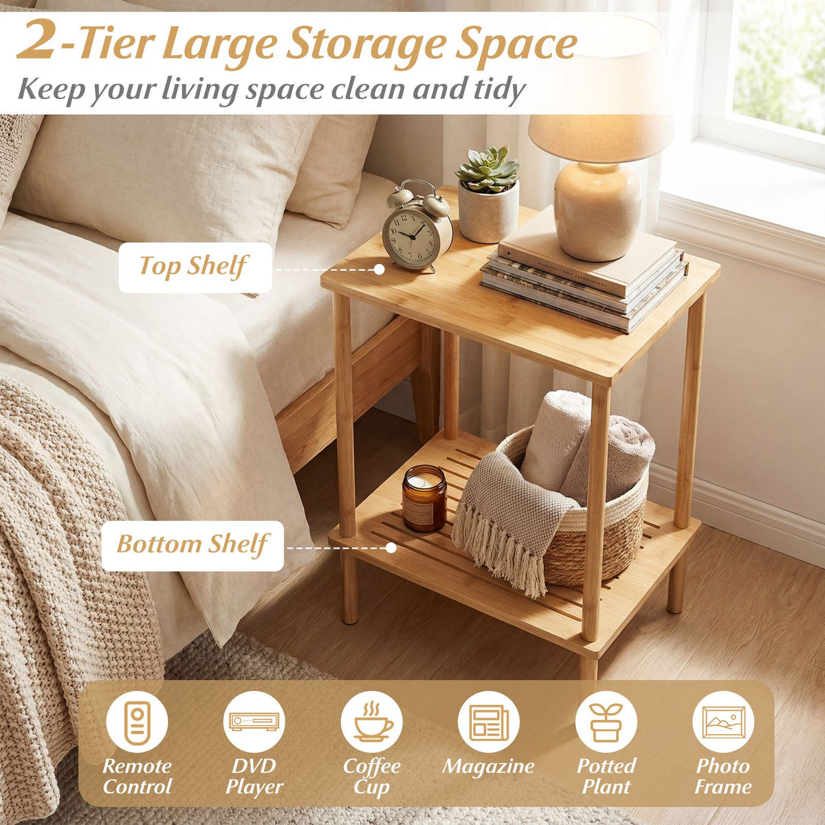 Side Table Set of 2 with Storage Shelves for Living Room and Reception Room