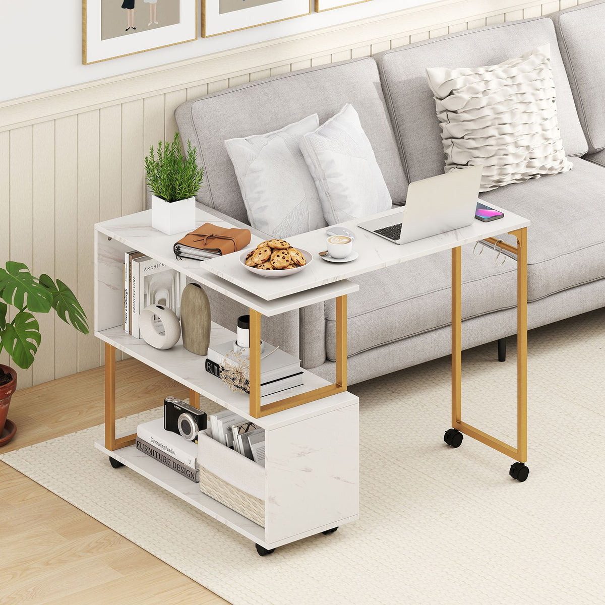 360° Rotating Sofa Side Table with Storage Bookcase and Hooks for Small Spaces