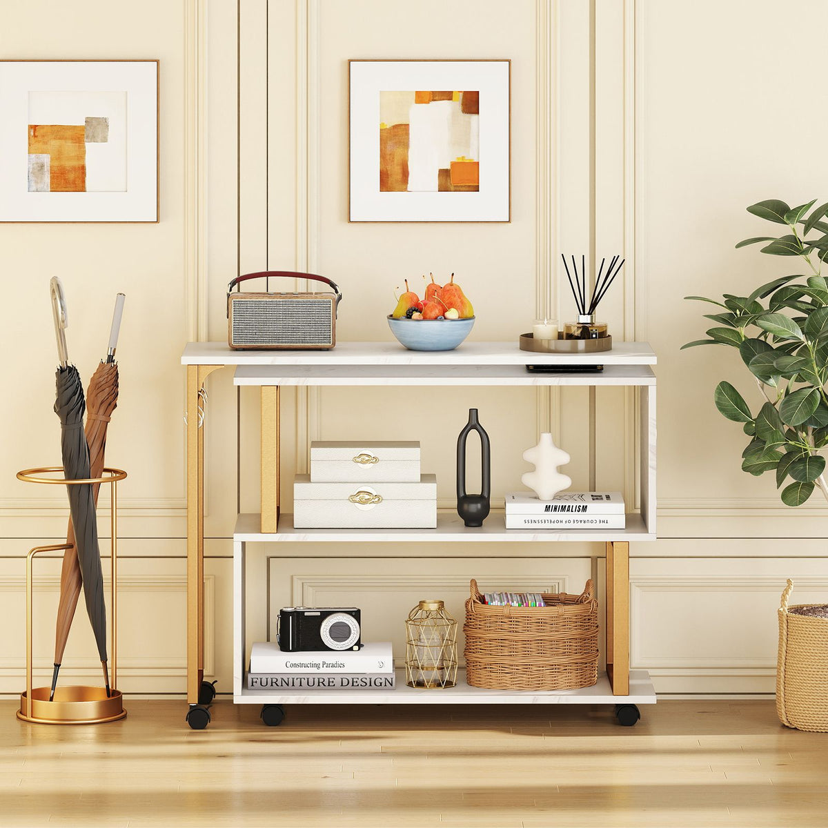 360° Rotating Sofa Side Table with Storage Bookcase and Hooks for Small Spaces