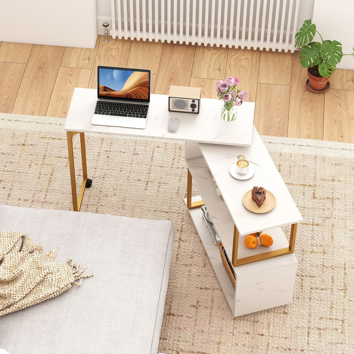 Side Table Bookcase 360° Rotating Sofa Side Table with Storage Bookcase and Hooks for Smal ...