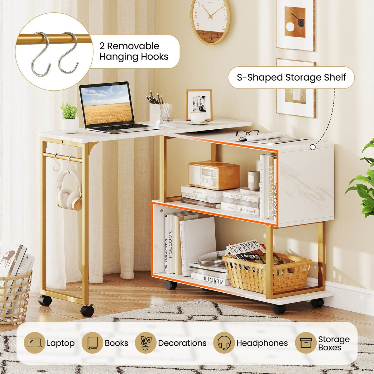 360° Rotating Sofa Side Table with Storage Bookcase and Hooks for Small Spaces