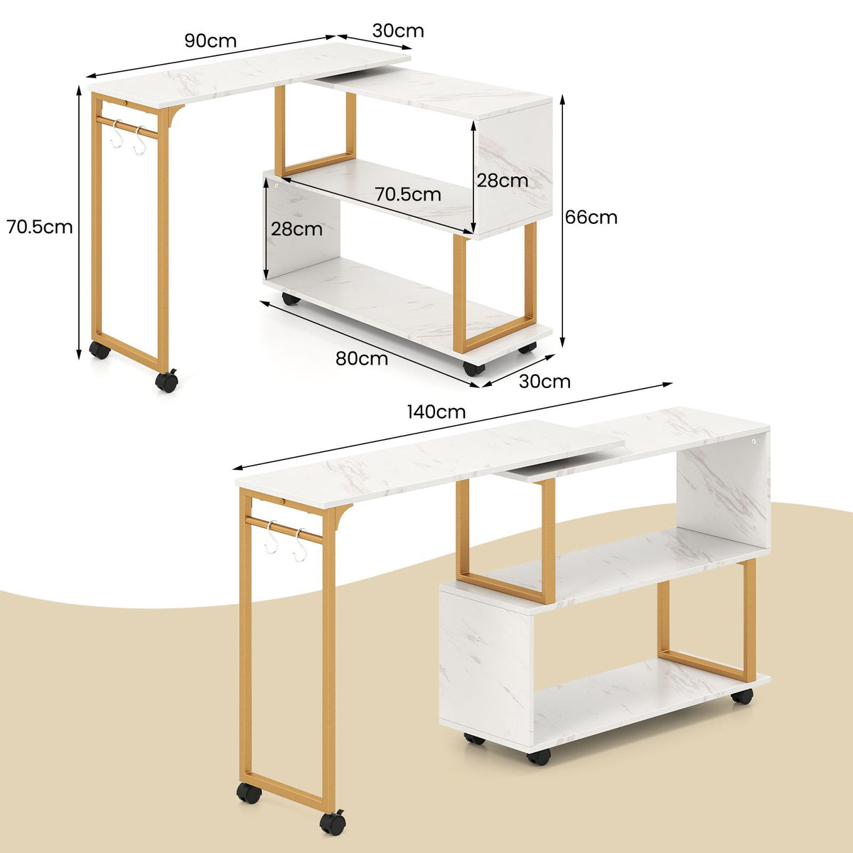 360° Rotating Sofa Side Table with Storage Bookcase and Hooks for Small Spaces