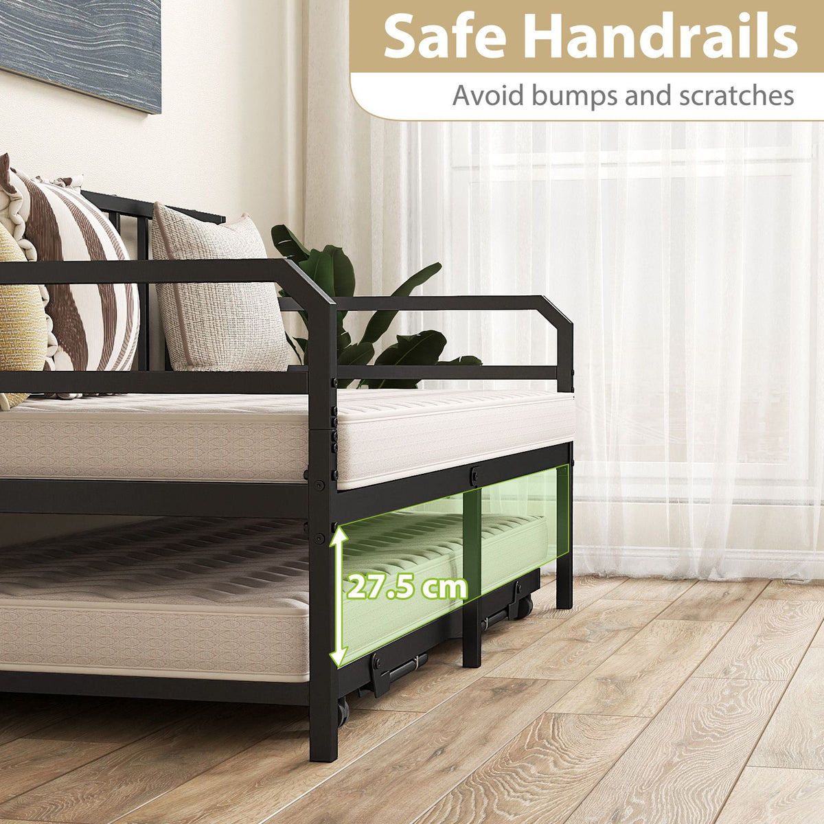 Single Size Metal Daybed Heavy-duty Sofa Bed Frame with Pop up Trundle