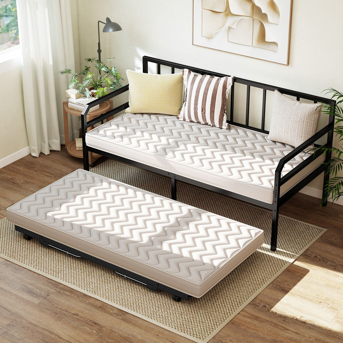 Single Size Metal Daybed Heavy-duty Sofa Bed Frame with Pop up Trundle