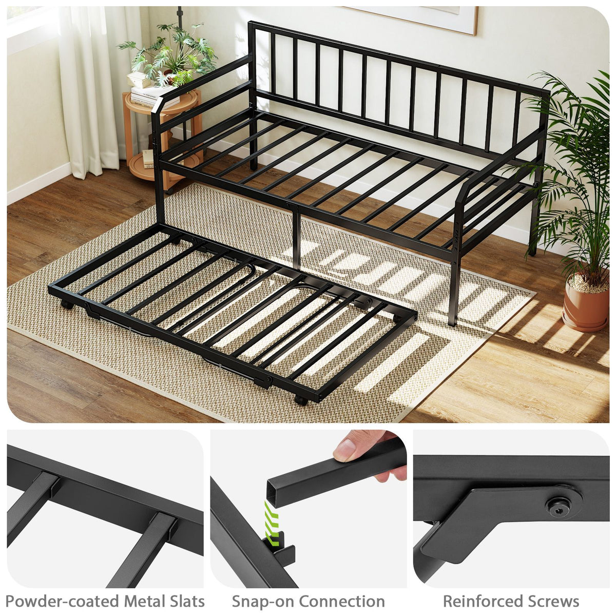 Single Size Metal Daybed Heavy-duty Sofa Bed Frame with Pop up Trundle