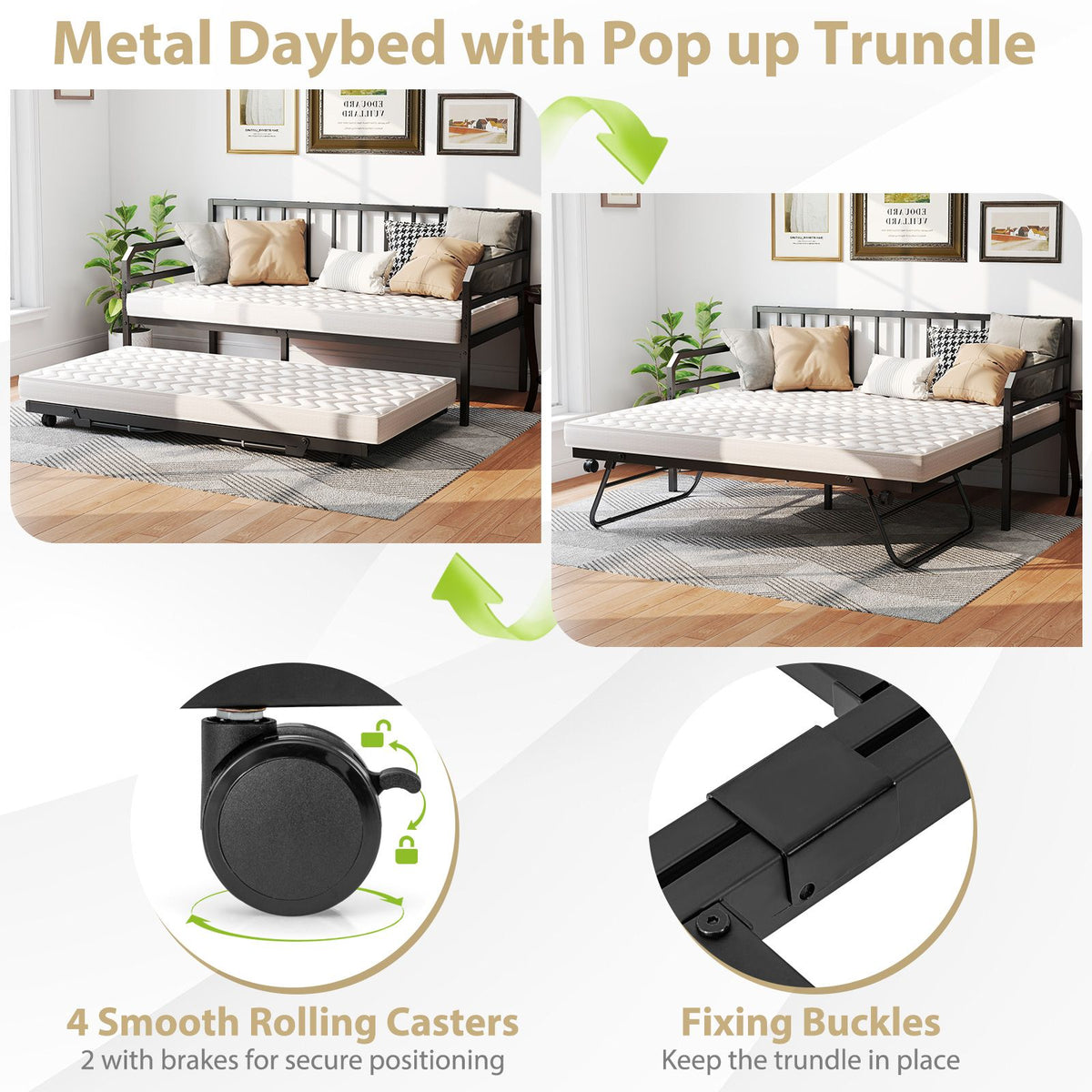 Single Size Metal Daybed Heavy-duty Sofa Bed Frame with Pop up Trundle