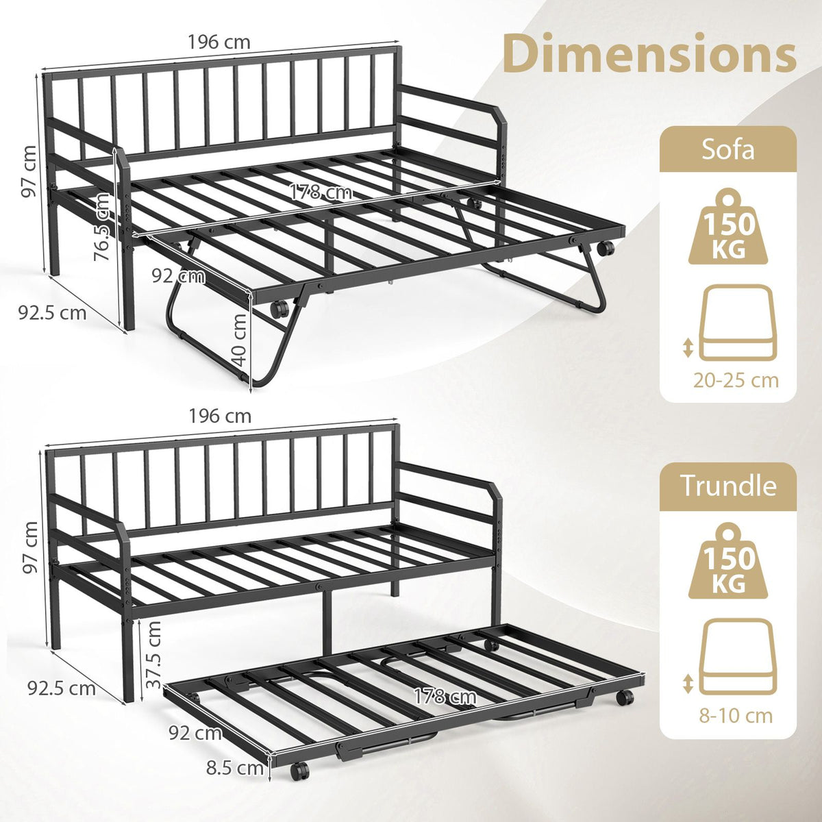 Single Size Metal Daybed Heavy-duty Sofa Bed Frame with Pop up Trundle