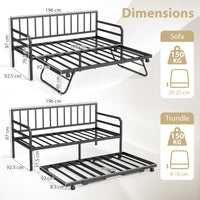 Single Size Metal Daybed Heavy-duty Sofa Bed Frame with Pop up Trundle
