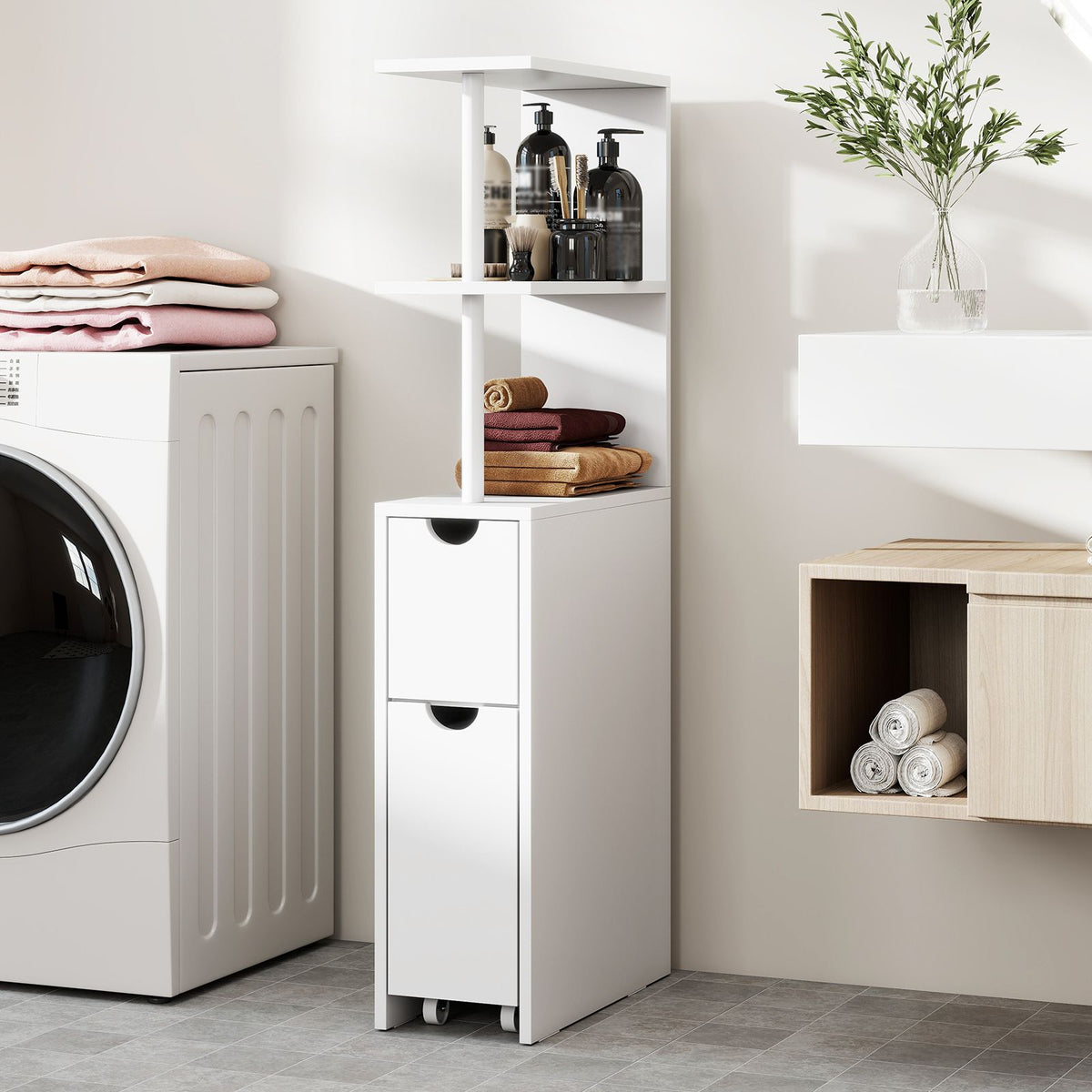 Slim Storage Cabinet with Open Shelves and Pull-out Drawer for Living Room and Bathroom