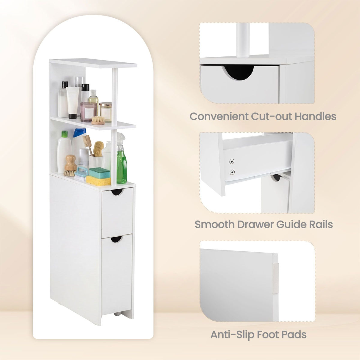 Slim Storage Cabinet with Open Shelves and Pull-out Drawer for Living Room and Bathroom
