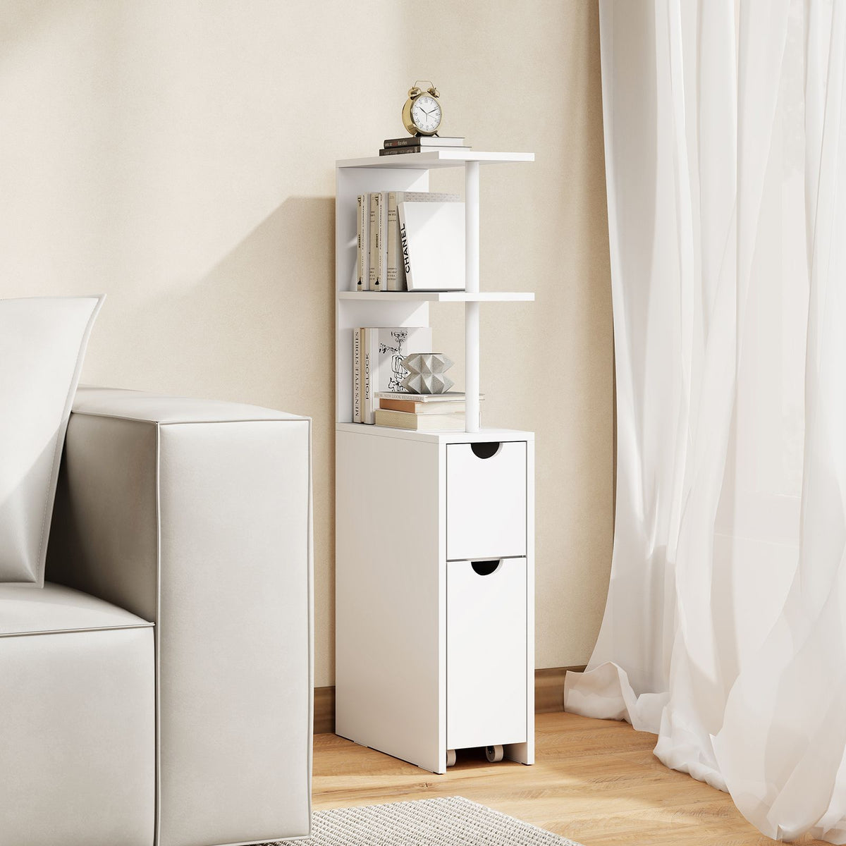 Slim Storage Cabinet with Open Shelves and Pull-out Drawer for Living Room and Bathroom