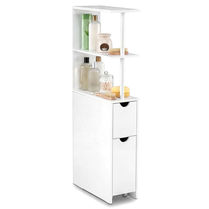 Slim Storage Cabinet with Open Shelves and Pull-out Drawer for Living Room and Bathroom