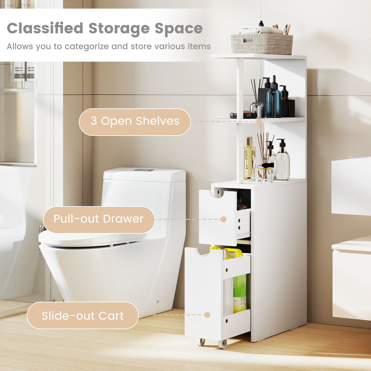 Slim Storage Cabinet with Open Shelves and Pull-out Drawer for Living Room and Bathroom