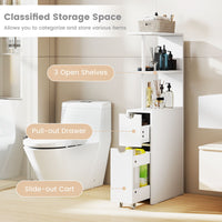 Slim Storage Cabinet with Open Shelves and Pull-out Drawer for Living Room and Bathroom