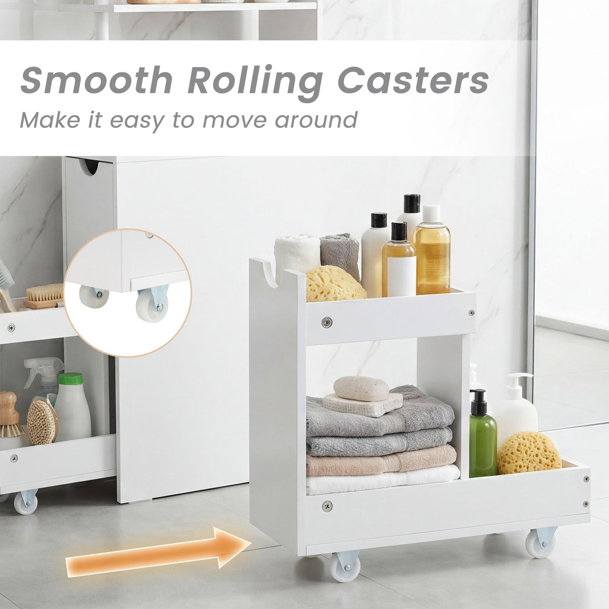Slim Storage Cabinet with Open Shelves and Pull-out Drawer for Living Room and Bathroom