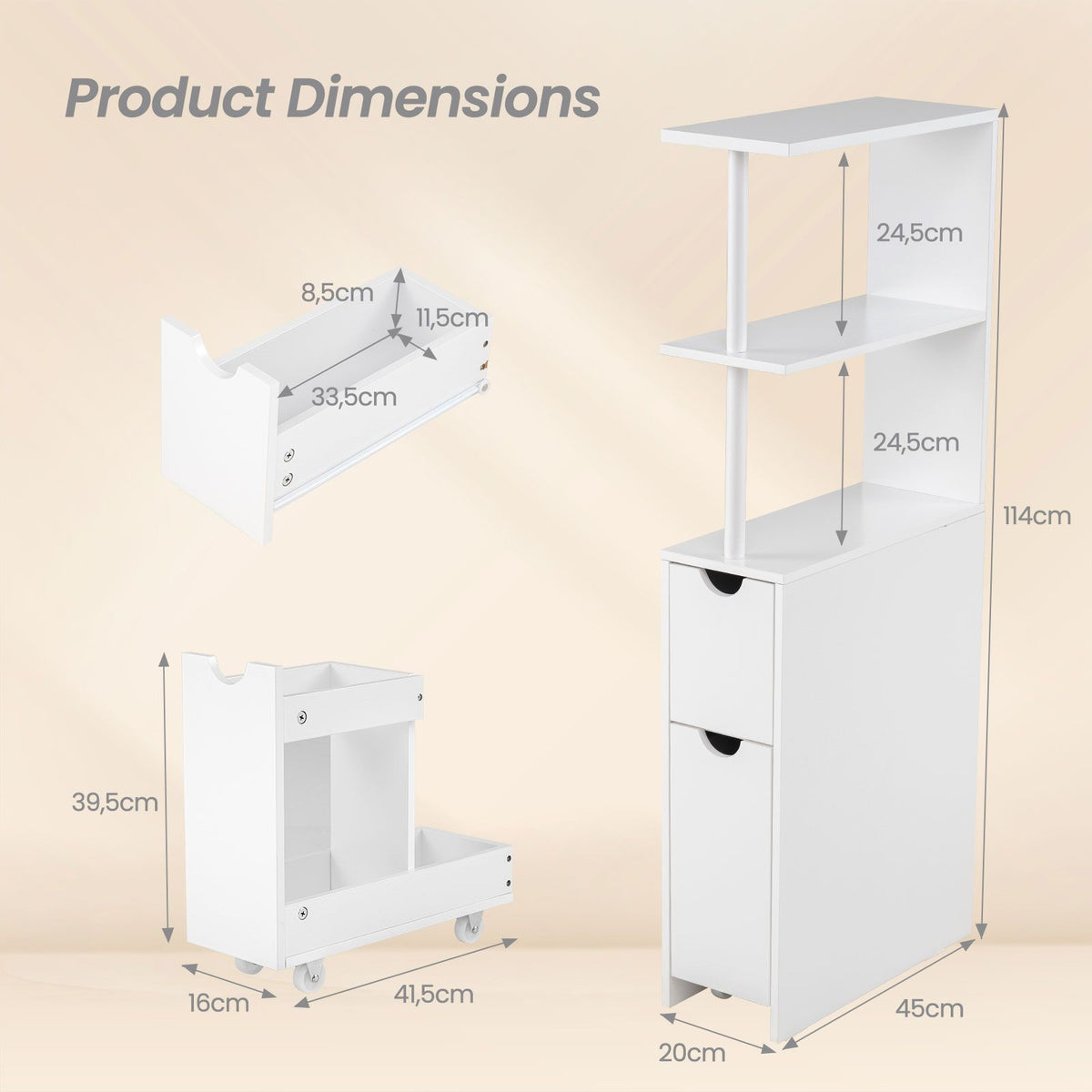 Slim Storage Cabinet with Open Shelves and Pull-out Drawer for Living Room and Bathroom
