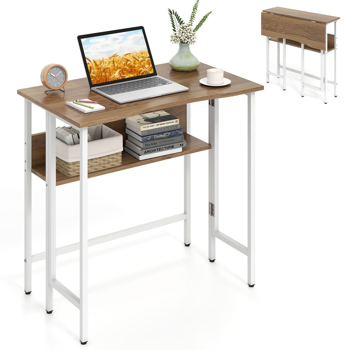 Giantex 80cm Small Folding Computer Desk w/Storage Shelf, Drop Leaf