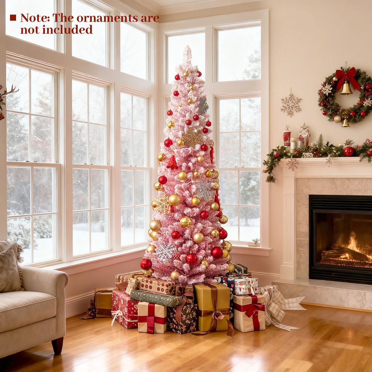 Snow-flocked Artificial Pink Christmas Tree with Warm White LED Lights and Lighting Modes