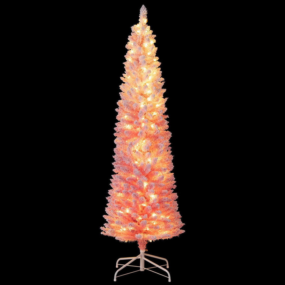 Snow-flocked Artificial Pink Christmas Tree with Warm White LED Lights and Lighting Modes