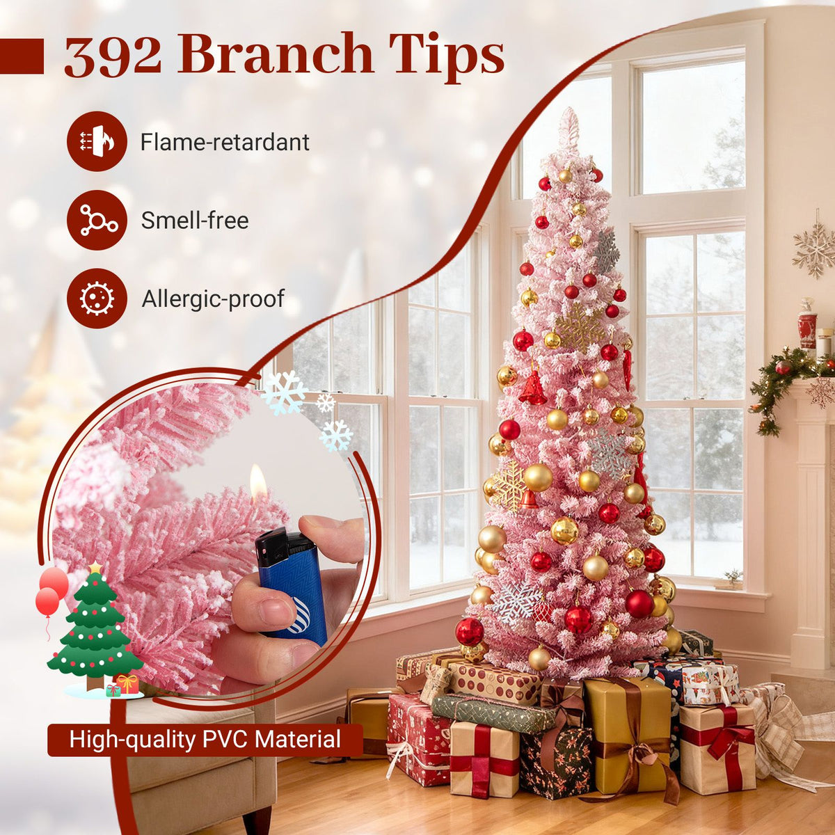 Snow-flocked Artificial Pink Christmas Tree with Warm White LED Lights and Lighting Modes