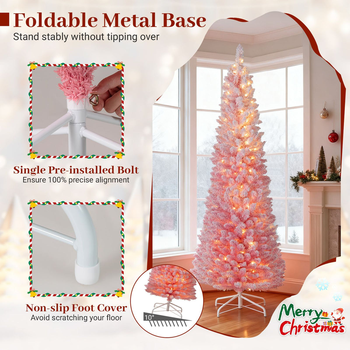 Snow-flocked Artificial Pink Christmas Tree with Warm White LED Lights and Lighting Modes