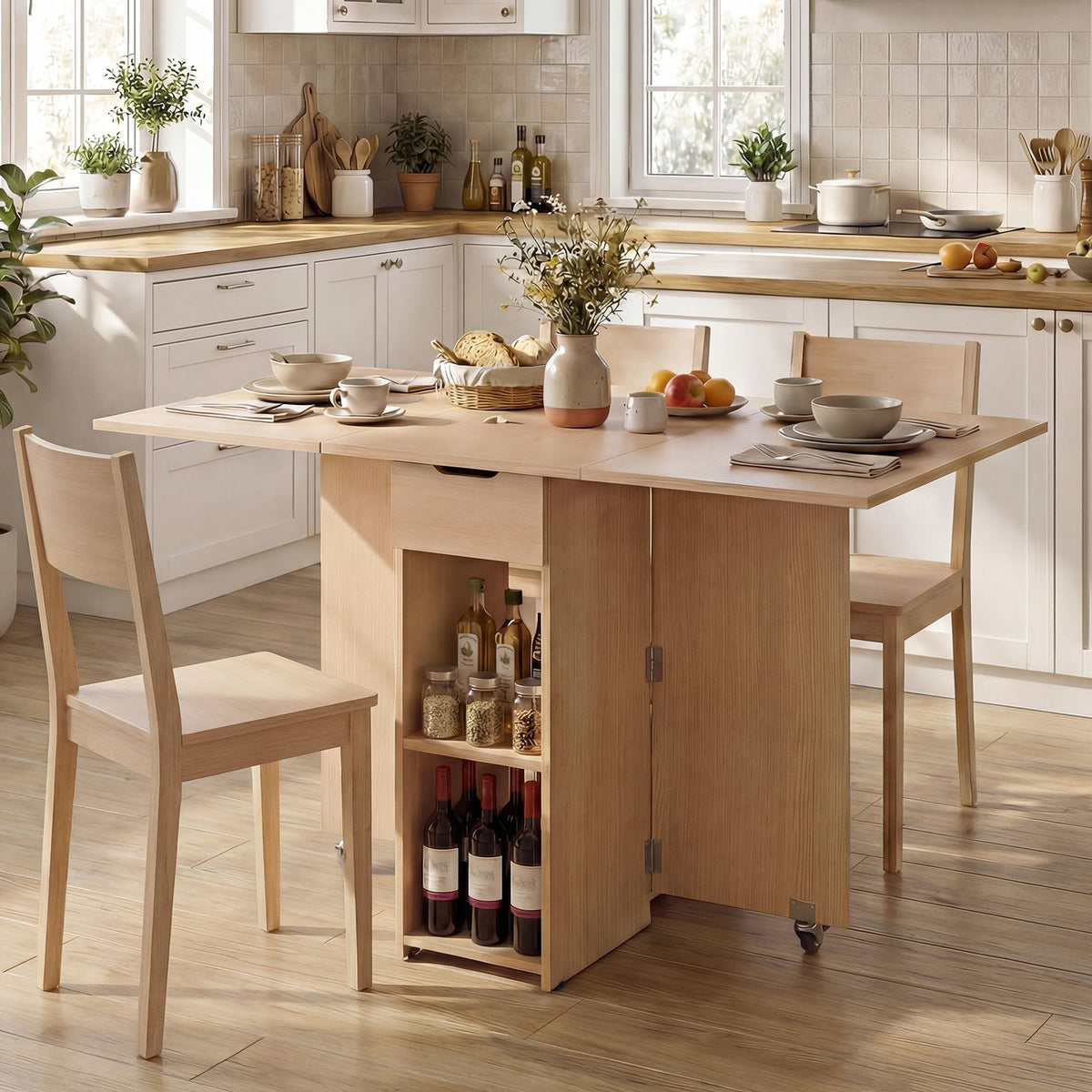 Space Saving Kitchen Table Drop Leaf with 2 Open Shelves and Drawer for Dining Room