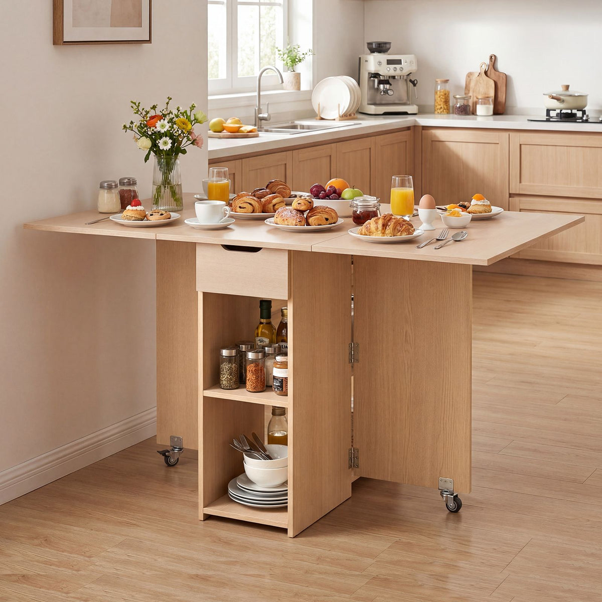 Space Saving Kitchen Table Drop Leaf with 2 Open Shelves and Drawer for Dining Room