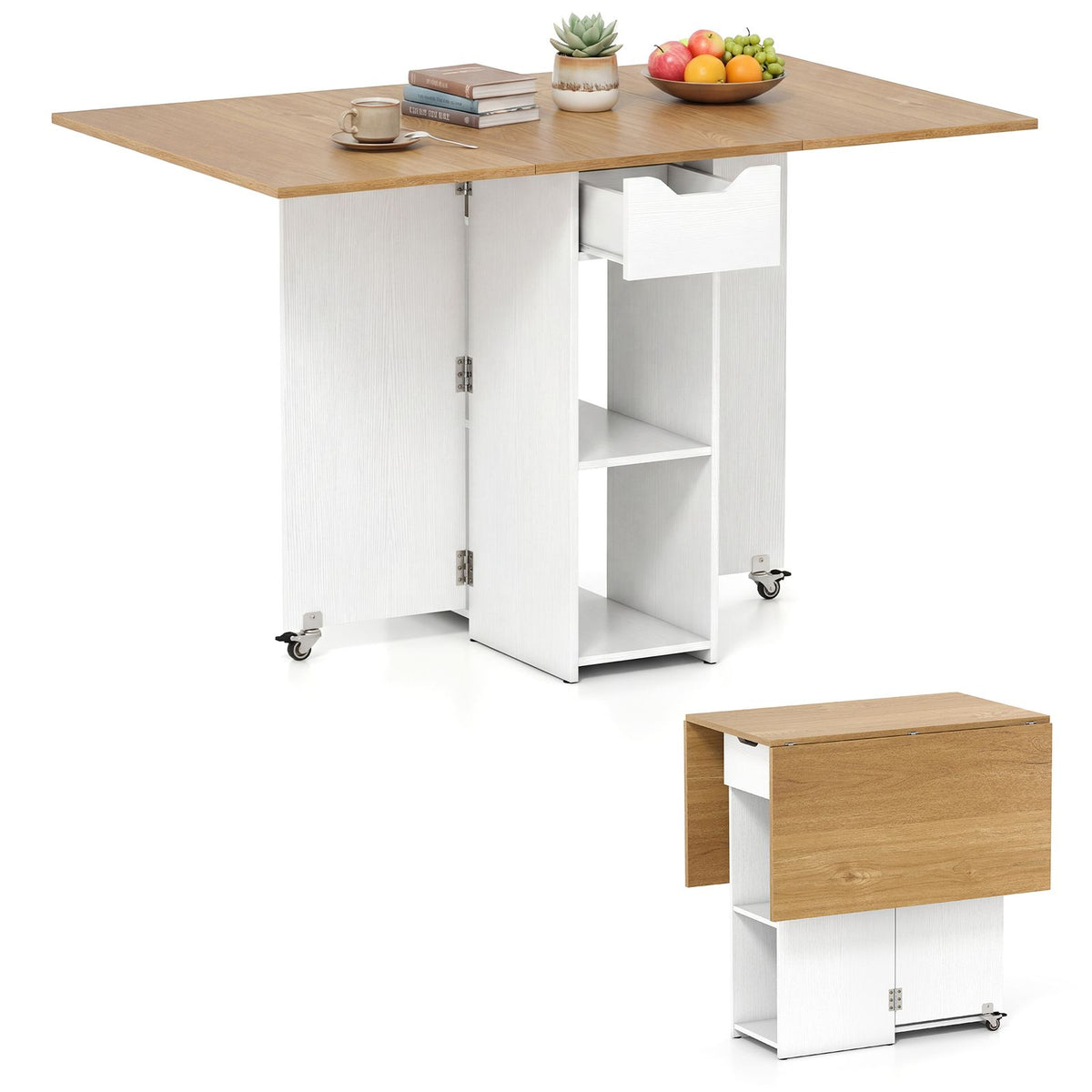 Space Saving Kitchen Table Drop Leaf with 2 Open Shelves and Drawer for Dining Room