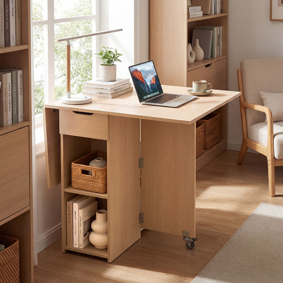 Space Saving Kitchen Table Drop Leaf with 2 Open Shelves and Drawer for Dining Room