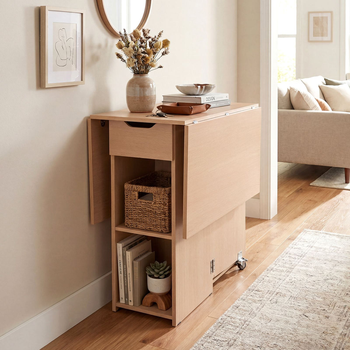 Space Saving Kitchen Table Drop Leaf with 2 Open Shelves and Drawer for Dining Room