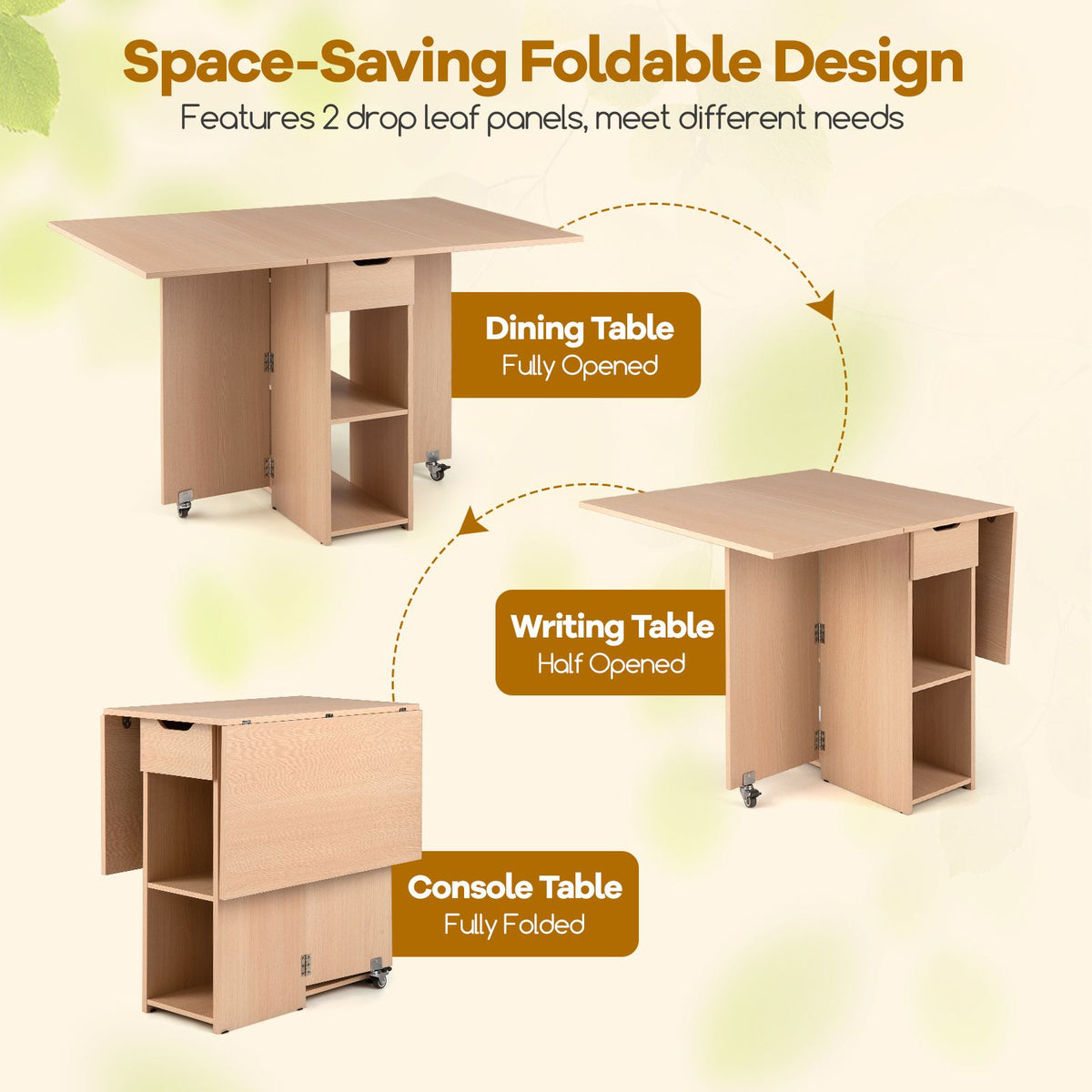 Space Saving Kitchen Table Drop Leaf with 2 Open Shelves and Drawer for Dining Room