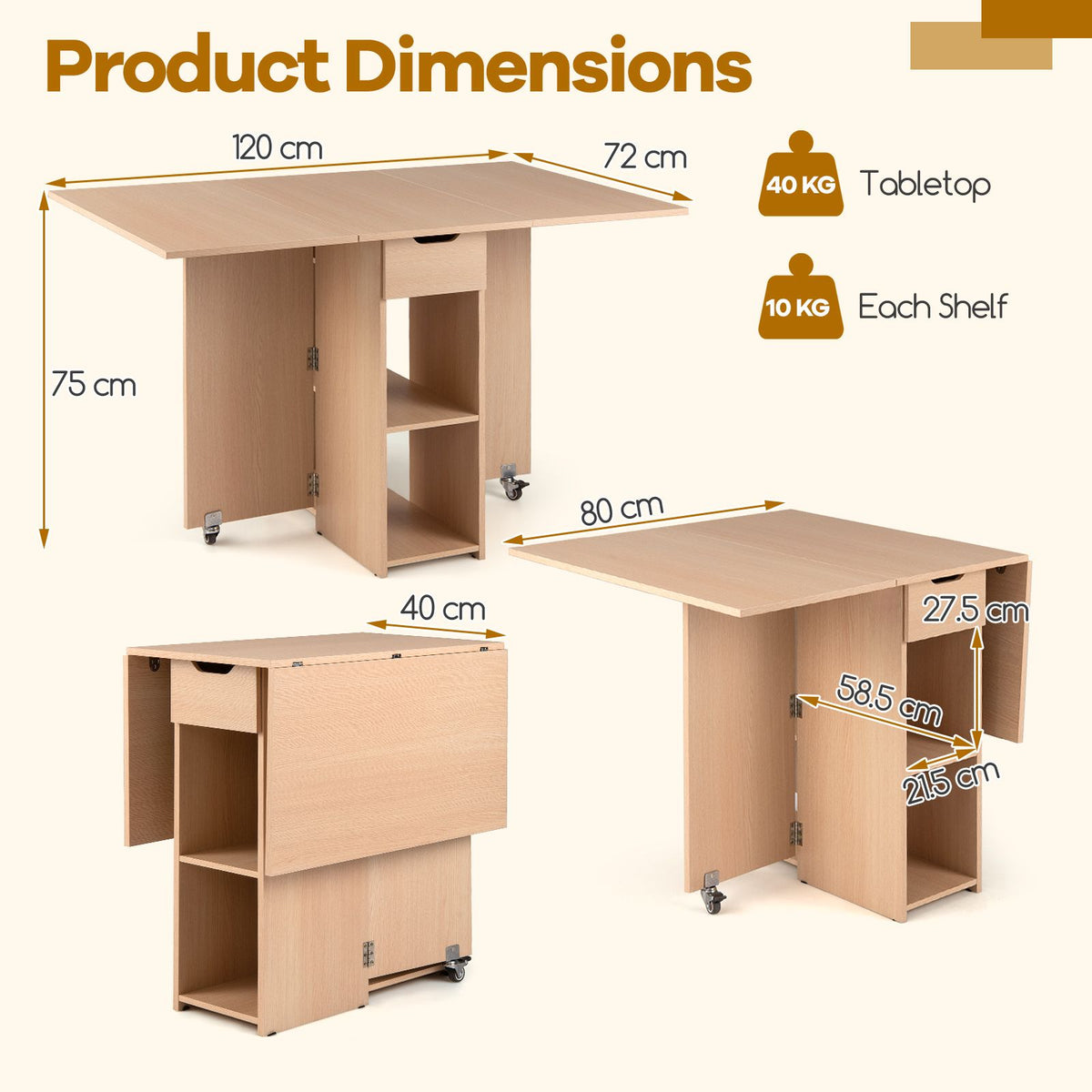 Space Saving Kitchen Table Drop Leaf with 2 Open Shelves and Drawer for Dining Room