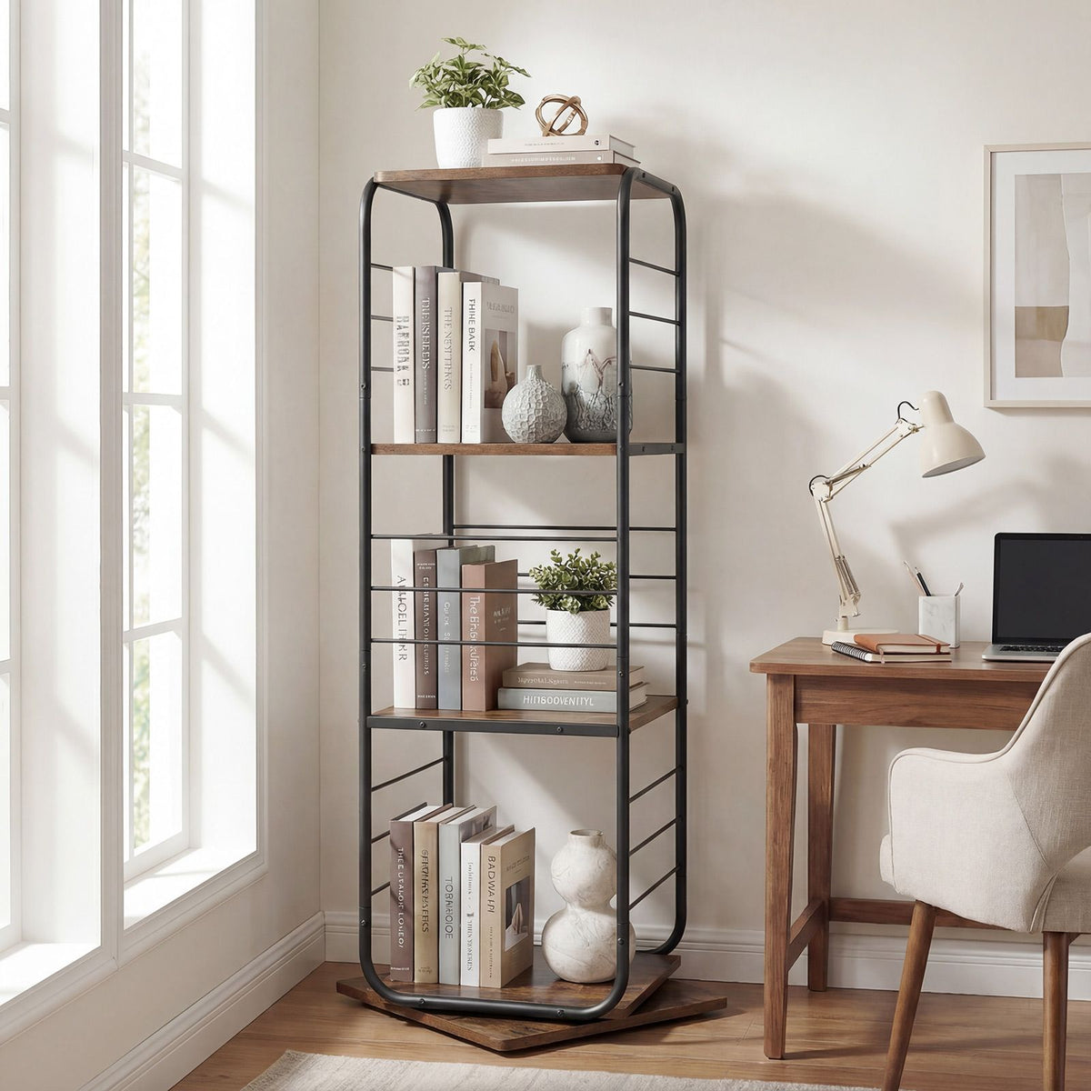 4-Tier 360° Spinning Bookcase Tower with Metal Frame