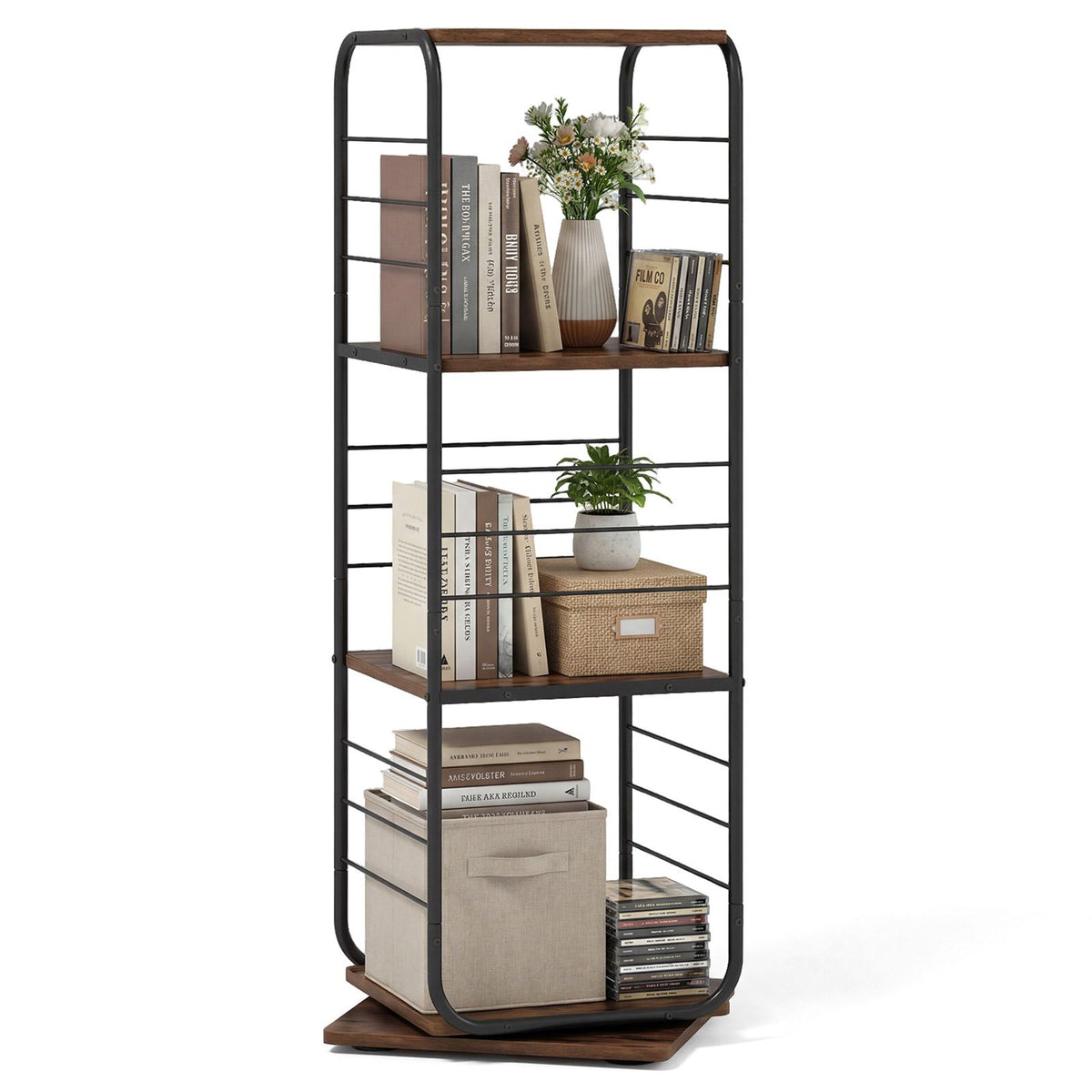 4-Tier 360° Spinning Bookcase Tower with Metal Frame