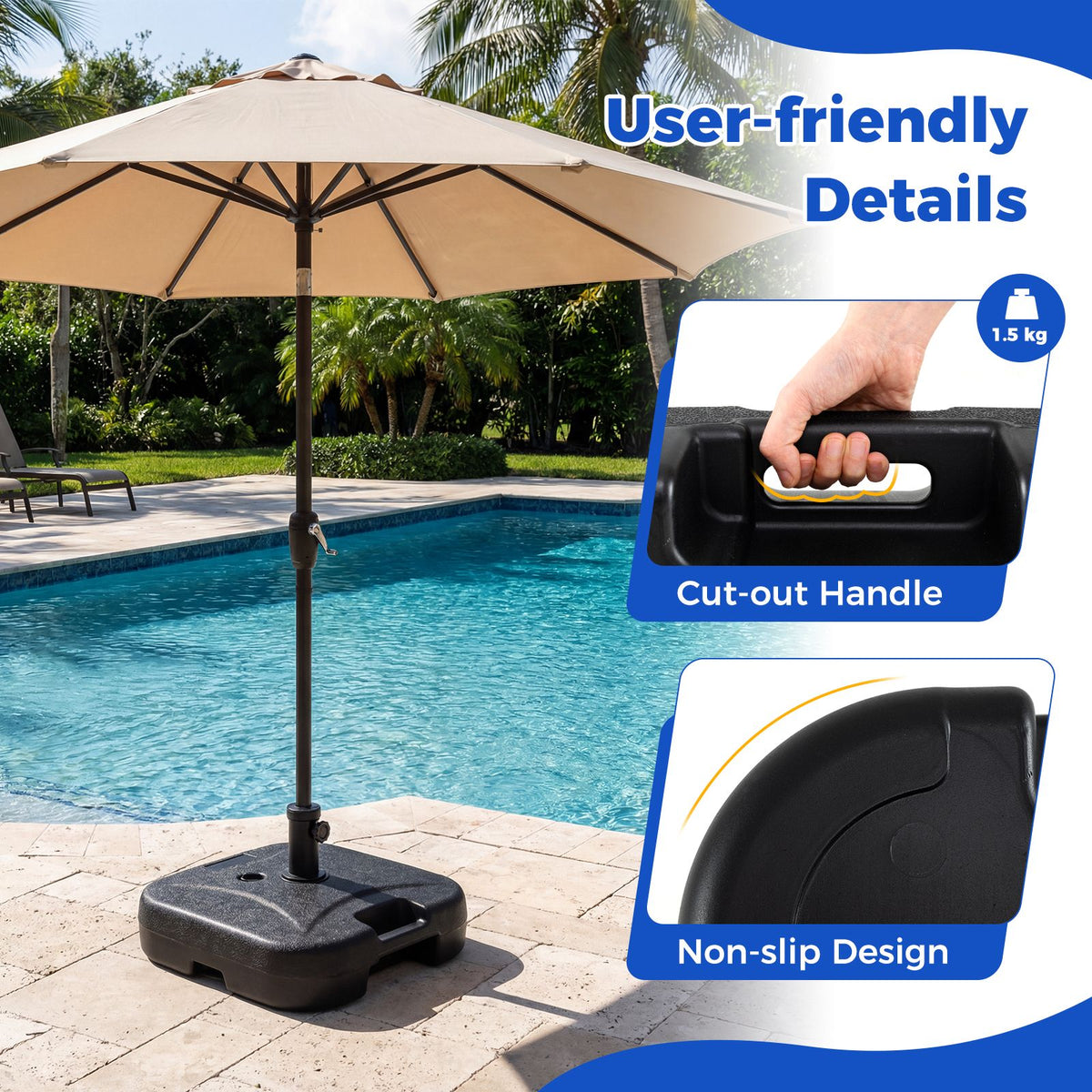 Fillable Patio Umbrella Stand 27 KG Heavy Duty with 3 Couplers for Pool or Garden