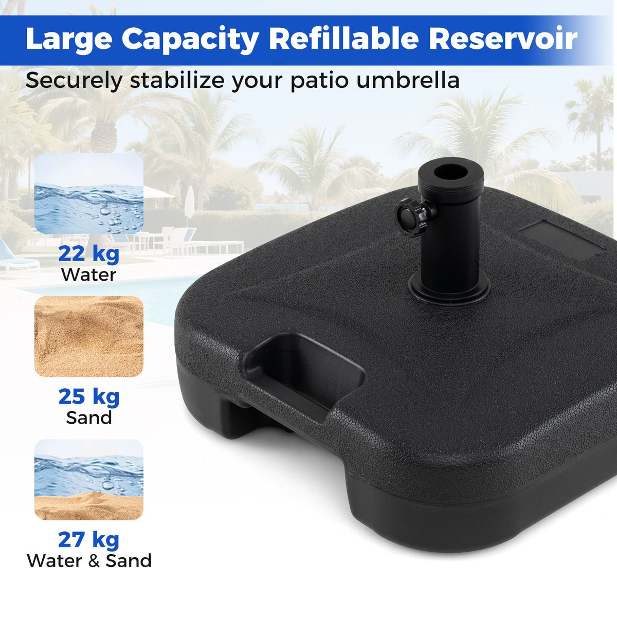 Fillable Patio Umbrella Stand 27 KG Heavy Duty with 3 Couplers for Pool or Garden
