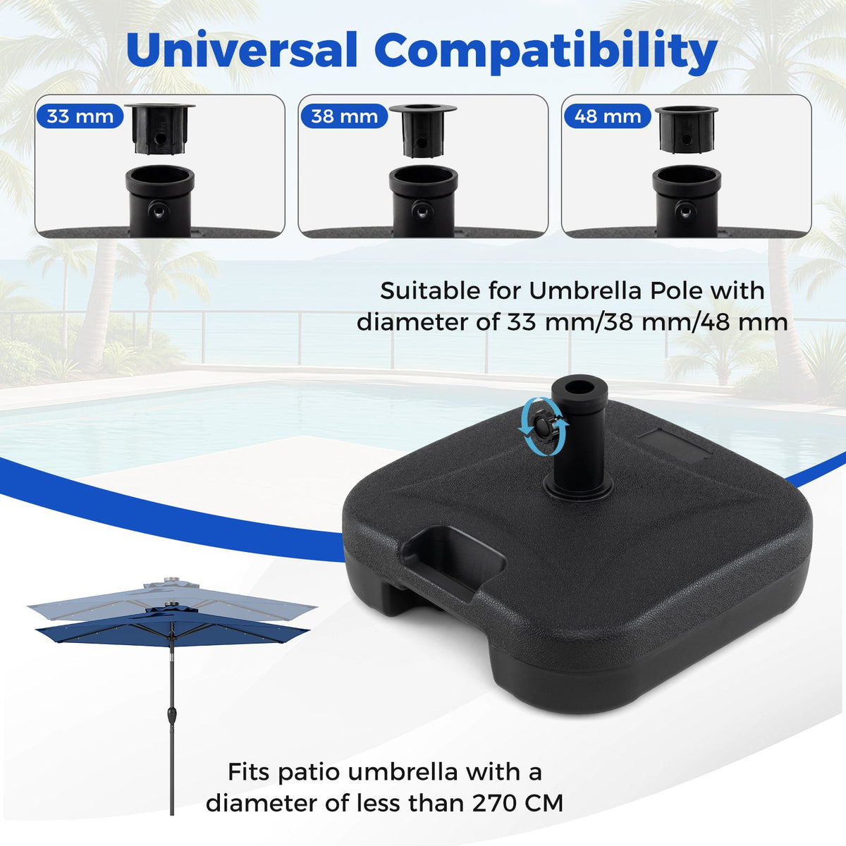 Fillable Patio Umbrella Stand 27 KG Heavy Duty with 3 Couplers for Pool or Garden