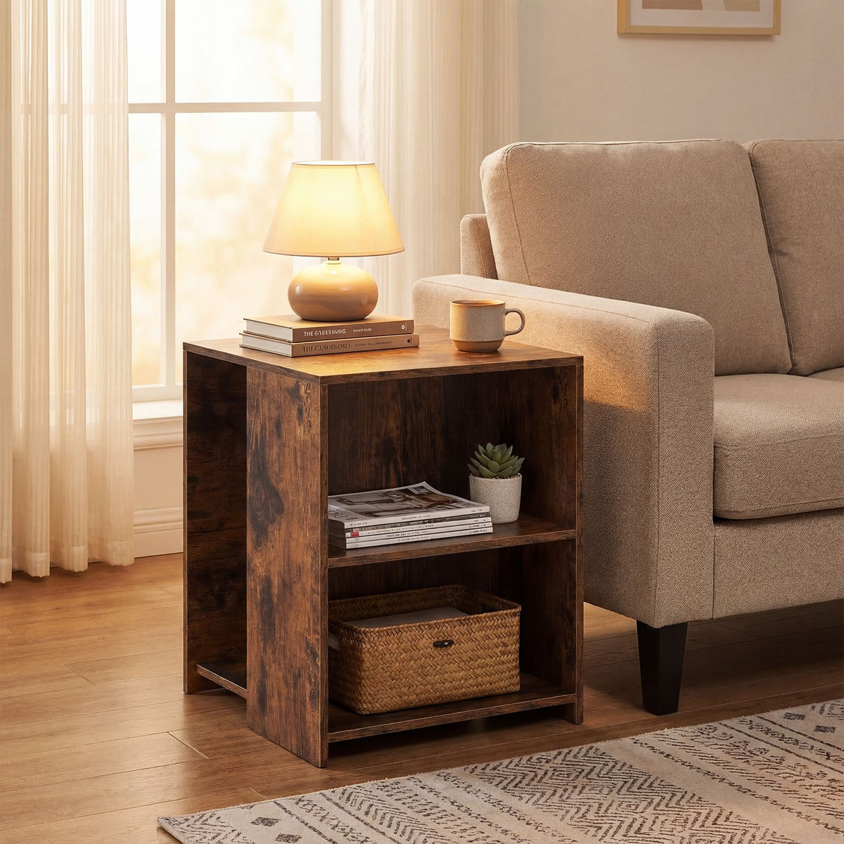 Square Sofa Side Table with Open Storage Shelves for Living Room and Bedroom