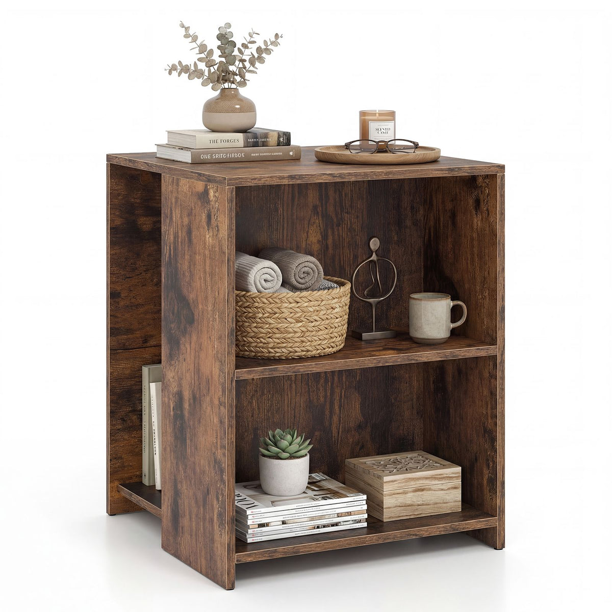 Square Sofa Side Table with Open Storage Shelves for Living Room and Bedroom